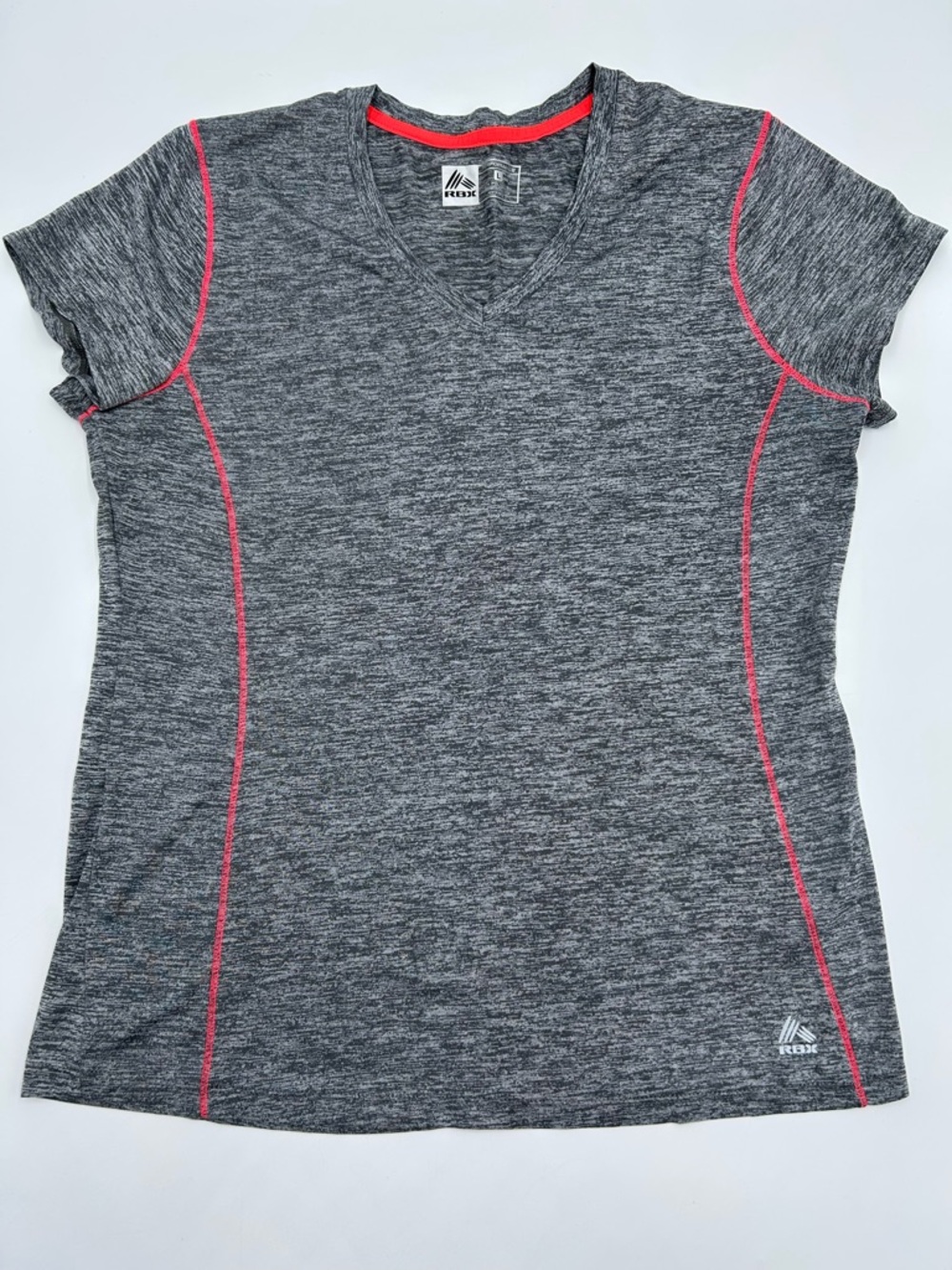 RBX Heather Gray V-Neck Athletic Tee with Pink Contrast
